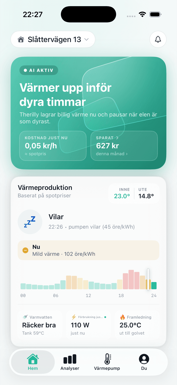 Therilly-appen som visar värmestyrning i realtid